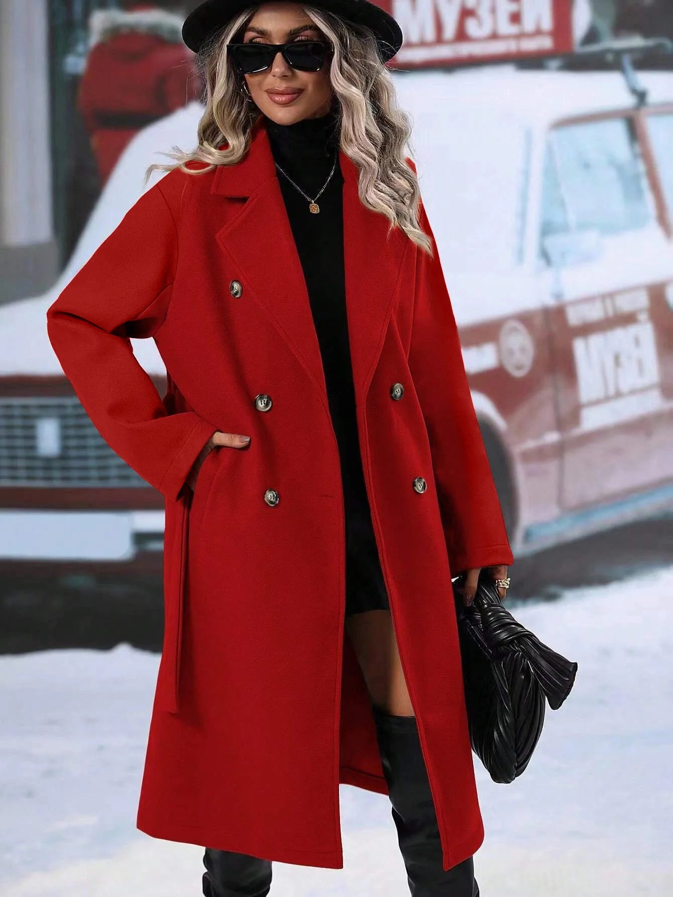 Women Turn Down Collar Thick Midi Length Wool Coat Pockets Casual Full Sleeve Double Breasted Blends Coats 2025 Autumn Winter