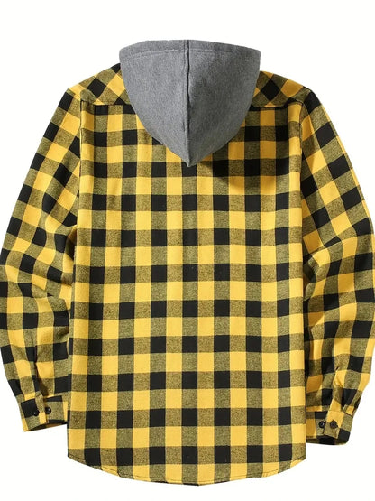 Youth Fashion Street Hooded Plaid Shirt Men's Slim Fit Long Sleeved Shirt Couple Travel Casual Shirt Men's Sports Shirt Jacket