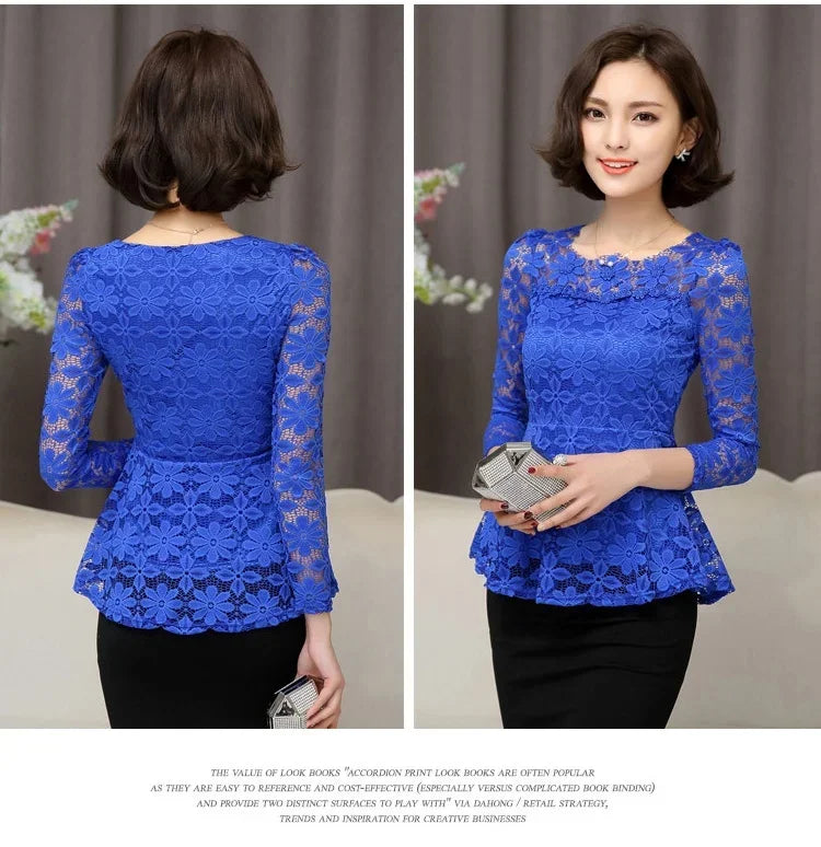 Women blusas blusa longa camisa feminina vintage long sleeve lace blouse plissado topo chemise femme Plus Size S-5XL