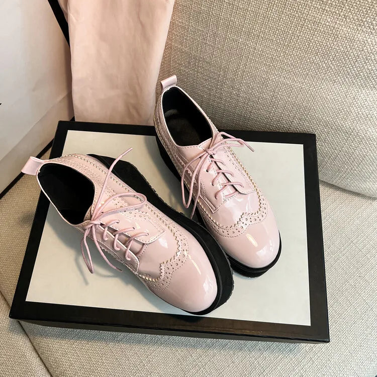 Ochanmeb Big Size 48 Women Patent Leather Brogues High Heels Derby Shoes Platforms Laser Cutout Oxfords Fashion Ladies Pumps Red