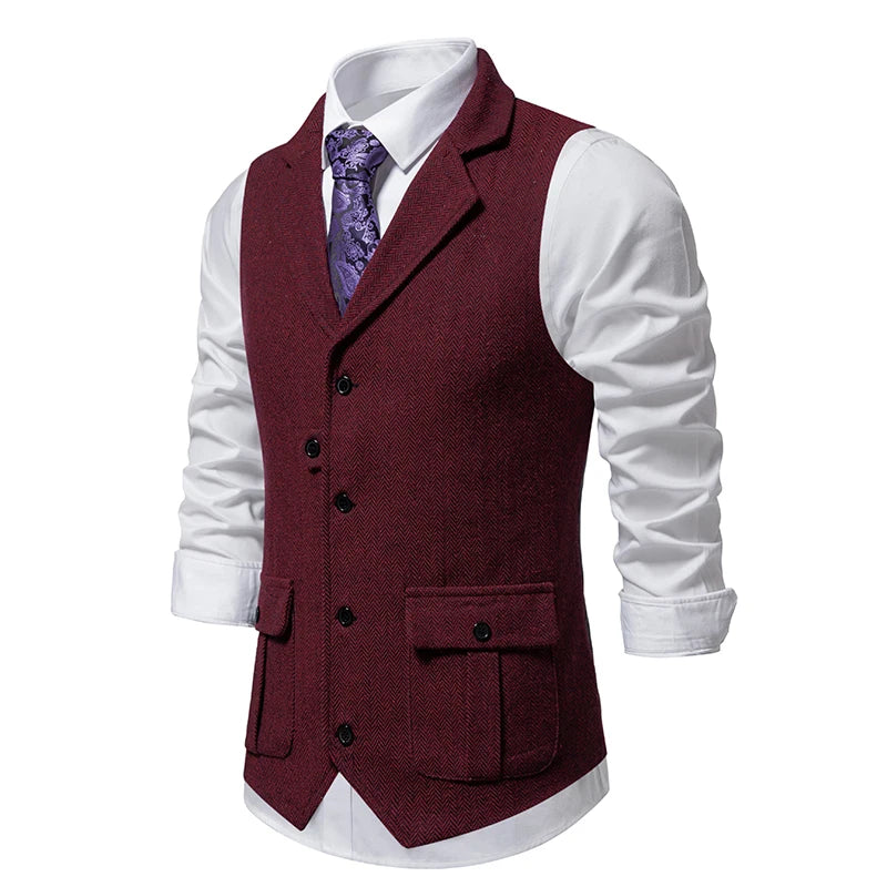 New Men's Retro Lapel Vest Herringbone Coarse Tweed Pockets Suit Vest British Casual Vintage Gentleman Leisure Party Bar Banquet