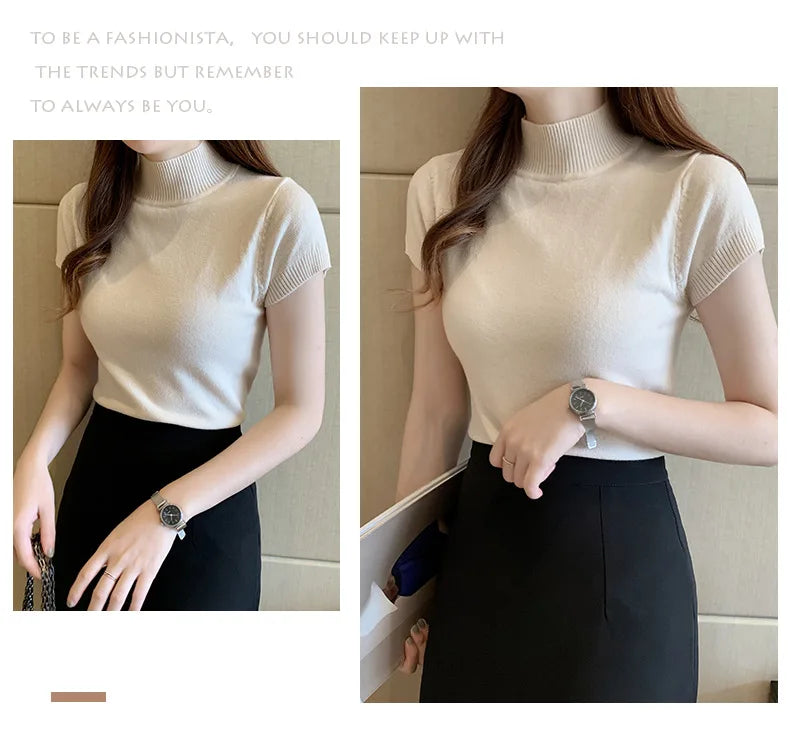 2024 Blusas Mujer De Moda Spring Summer New Solid Slim Turtleneck Blouse Women Clothing Korean Knitted Women Casual