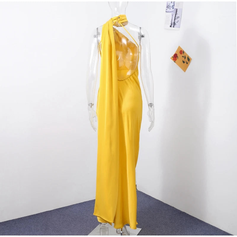 Ribbon Satin Long Party Dress Women Elegant Solid Sleeveless Female Backless Dresses 2026 Summer Autumn Lady Evening Club Gowns
