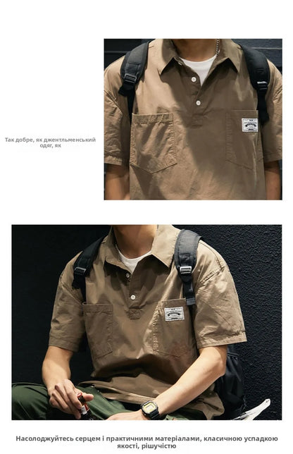 American Retro Men's  irt Summer Loose Workwear ort Sve T-irt Simple Sle Youth Trend ket Design Flat Iron