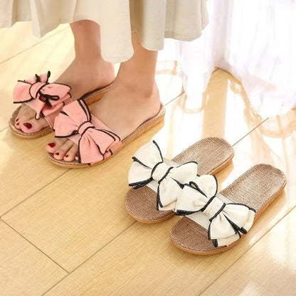 Women Summer Casual Slides Comfortable Flax Slippers Striped Bow Linen Flip Flops Platform Sandals Ladies Indoor Shoes  slippers