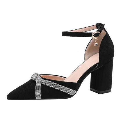 Size 30-44 Chunky Heel Hollow Point Toe High Heels Women Shoes Solid Color Ankle Strap Rhinestone Black Heels