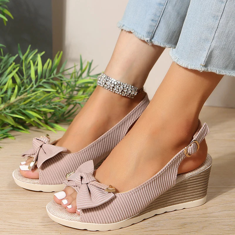 Fashion Bow Knot Thick Bottom Sandals Women Back Strap Wedge Open Toe Sandal Female New Office Ladies Anti-Slip Sandalias Mujer