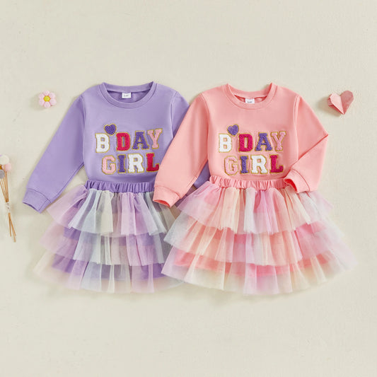Citgeett Autumn Kids Toddler Girl Birthday Outfit Heart Letter Embroidered Long Sleeve Sweatshirt Contrast Tulle Skirt Set