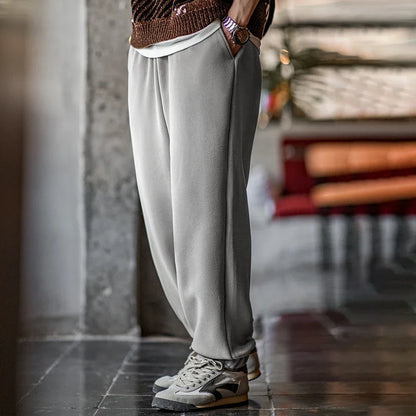 Maden Men's Casual Solid Color Polar Fleece Cuffed Sweatpants Elastic Waist Fleece-lined Pants Warm Sports Straight-leg Trousers