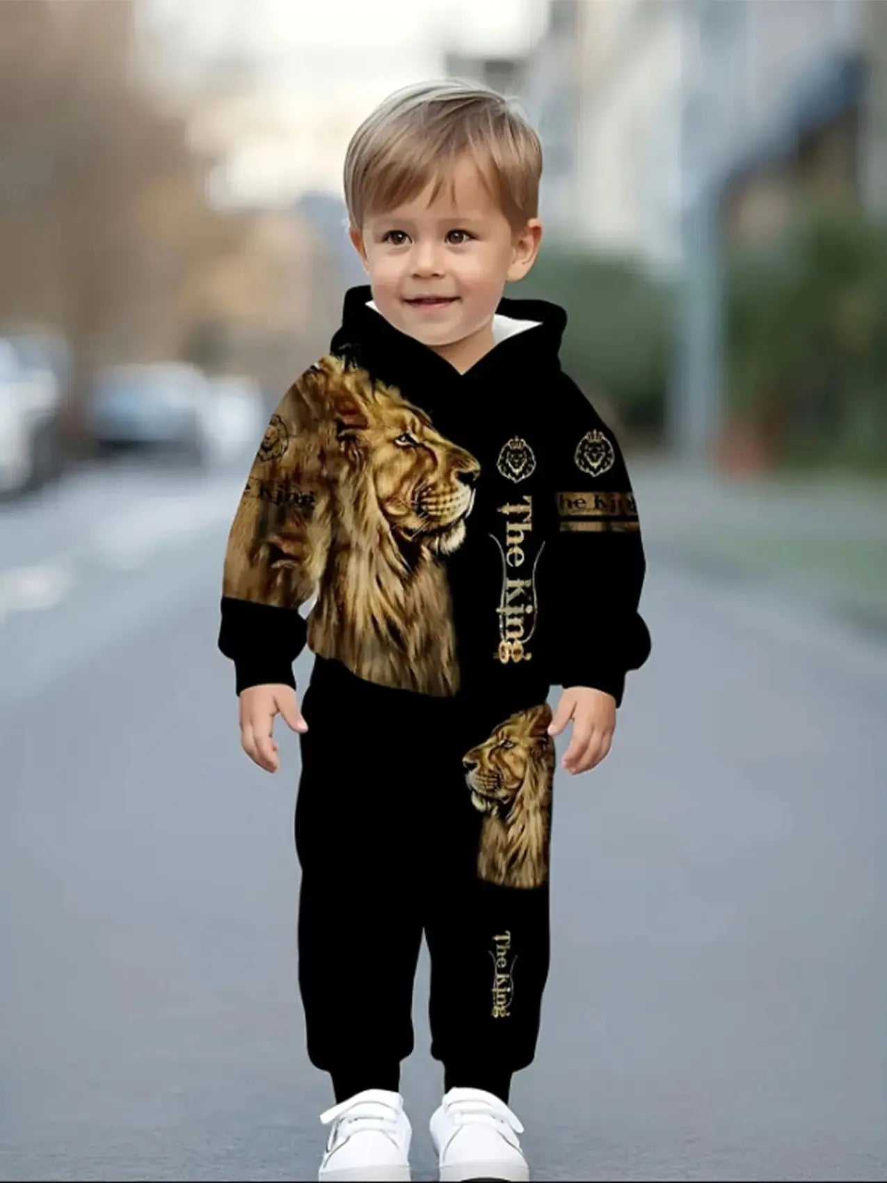 "Boys' Lion King Hoodie Set | 'The King' Bold Lion Print - Black Hooded Sweatshirt & Jogger Pants Two-Piece"