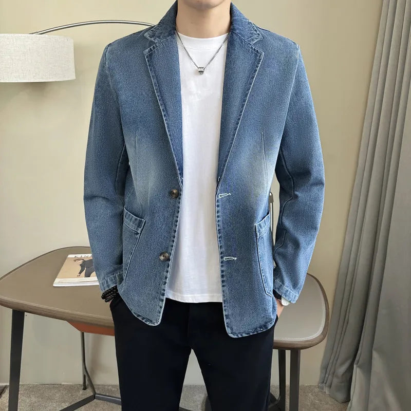 Autumn Winter Cotton Denim Suit Coats Men Loose Turn Down Collar Casual Denim Blazers Jacket Solid High Quality Suit Outwear Man