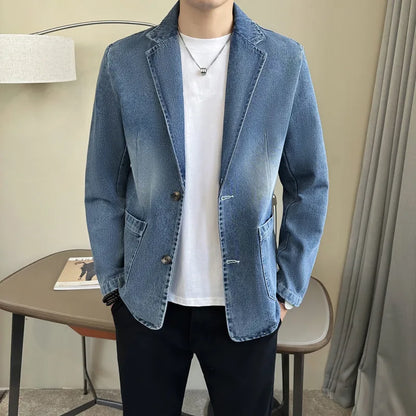 Autumn Winter Cotton Denim Suit Coats Men Loose Turn Down Collar Casual Denim Blazers Jacket Solid High Quality Suit Outwear Man
