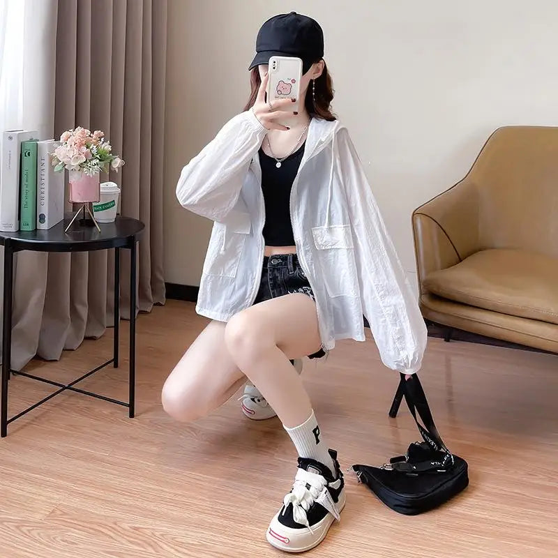 （Summer4）Women Sun Protection Clothing UV Protection Summer Loose Fit Hooded Zippered Thin And Casual