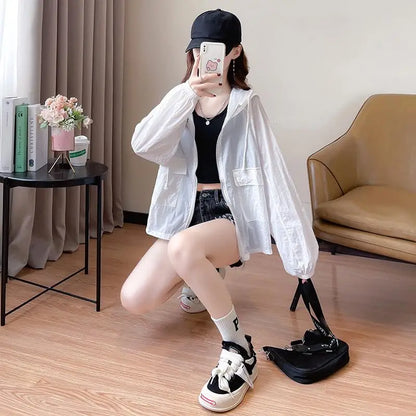 （Summer4）Women Sun Protection Clothing UV Protection Summer Loose Fit Hooded Zippered Thin And Casual