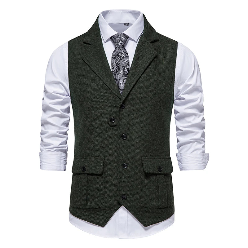 New Men's Retro Lapel Vest Herringbone Coarse Tweed Pockets Suit Vest British Casual Vintage Gentleman Leisure Party Bar Banquet