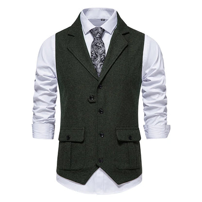 New Men's Retro Lapel Vest Herringbone Coarse Tweed Pockets Suit Vest British Casual Vintage Gentleman Leisure Party Bar Banquet
