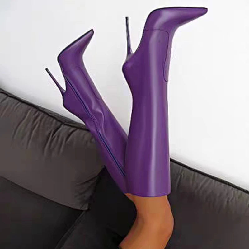 Arden Furtado Patent Leather Skinny boots Pointed toe Side zipper Super high heel Knee high boots Extra large size boots