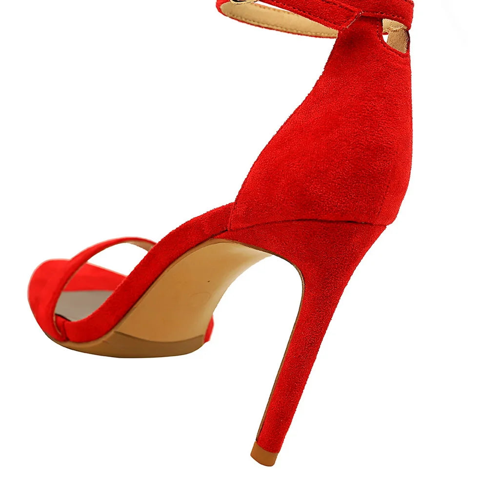 Women 10cm High Heels Flock Stripper Sandals Female Fetish Strappy Red Shoes Lady Valentine Green Summer Classic Sexy Pumps