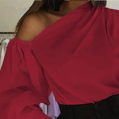 Elegant Blouses Women 2023 Summer Off Shoulder Blusas Female Fashion Lantern Long Sleeve Shirts One Shoulder Tops S-5XL
