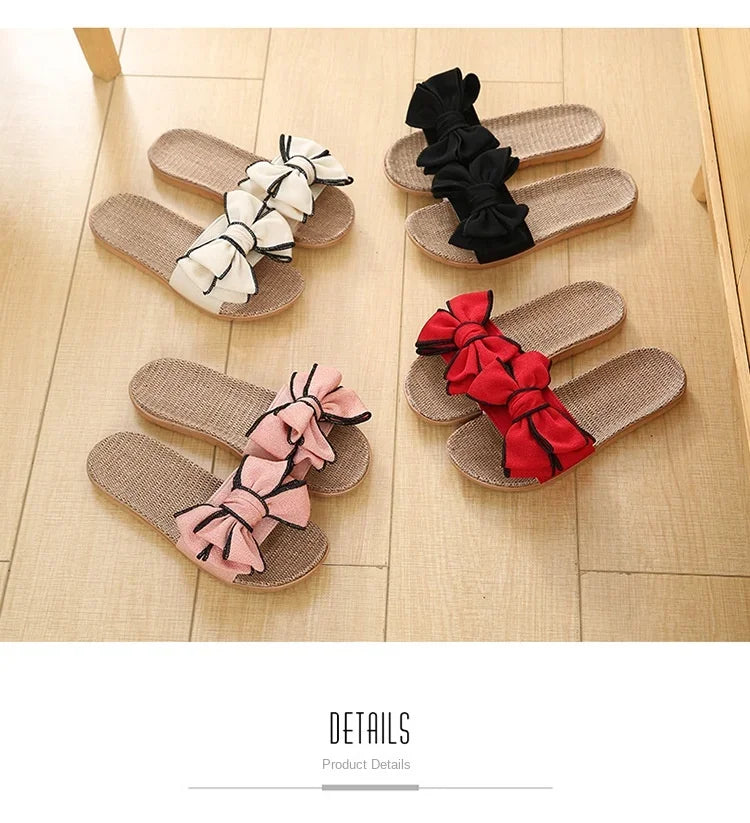 Women Summer Casual Slides Comfortable Flax Slippers Striped Bow Linen Flip Flops Platform Sandals Ladies Indoor Shoes  slippers