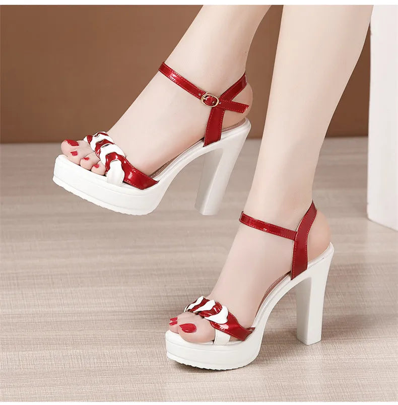 High quality summer leather sandals for women 8cm 10cm high heel 2024 size 32 33 43 platform open toe elegant shoe black white