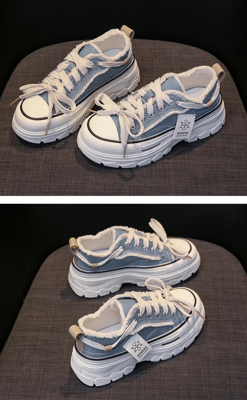 2025 Autumn New Women's Canvas Shoes Round Head Thick Soles Fringed Denim Casual Shoes Increased Height Sports