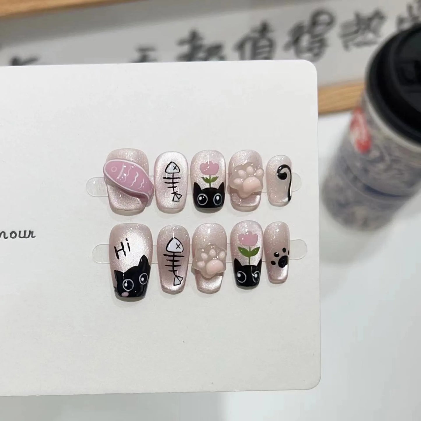 10Pcs Long Ballerina Handmade Press on Nails Pink Black Fake Nails Wearable Stick-on Nails Full Cover False Nail Uñas Postizas