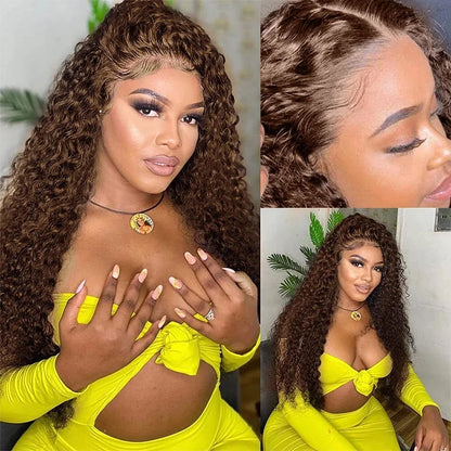 Chocolate Brown 13x6 HD Lace Frontal Wig with 13x4 Curly Deep Wave Human Hair Water Wave Brazilian Style for Women 4x4 Hair