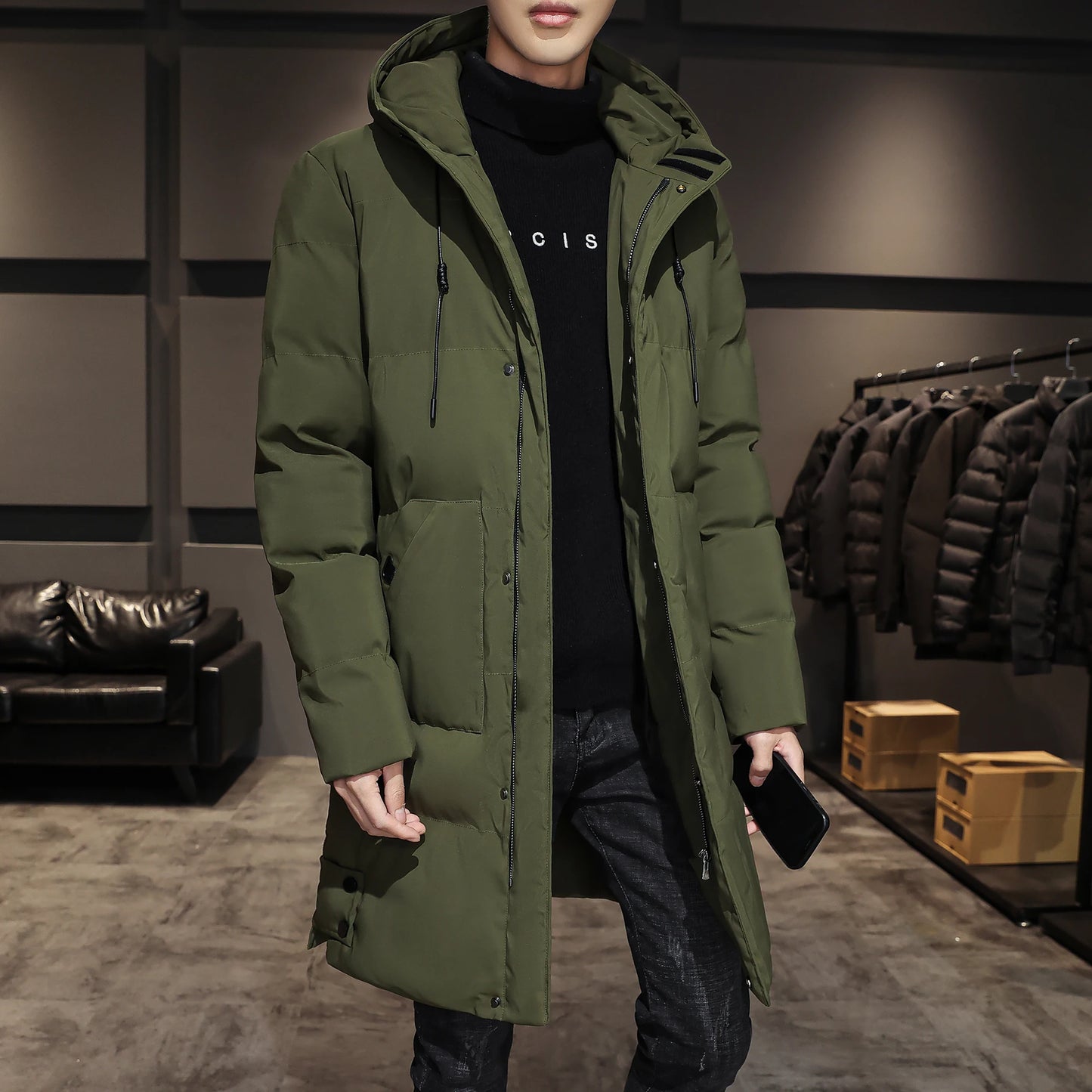 Cotton jacket men's winter thick medium long style men's decoration body trend business cotton jacket men's coat