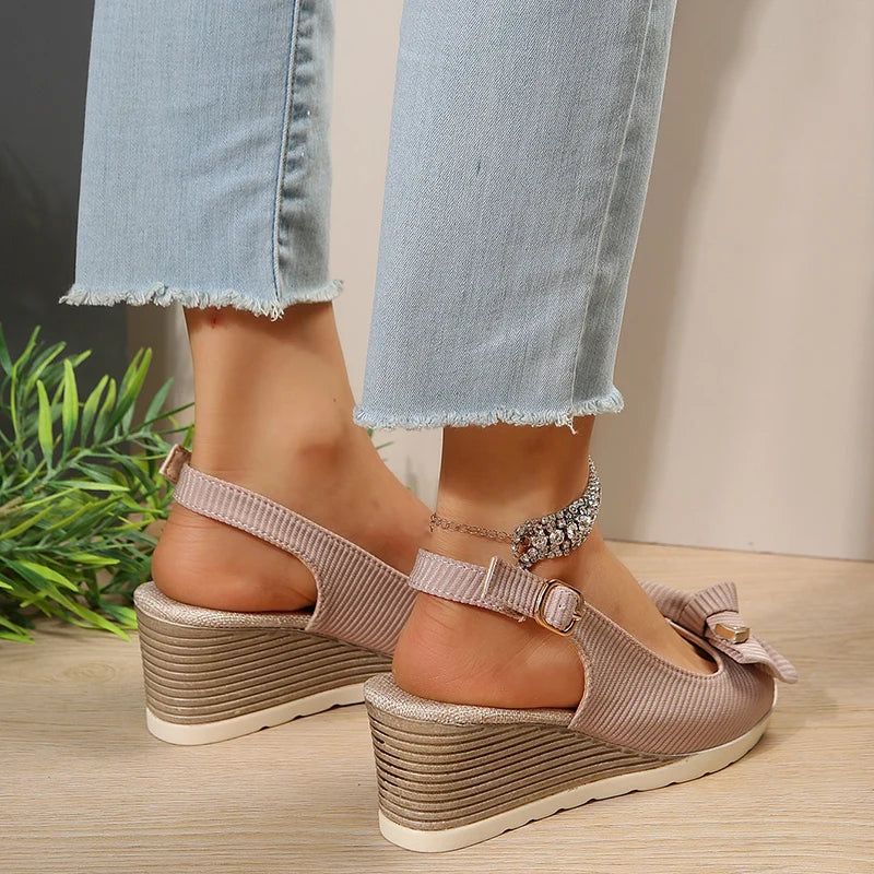 Fashion Bow Knot Thick Bottom Sandals Women Back Strap Wedge Open Toe Sandal Female New Office Ladies Anti-Slip Sandalias Mujer
