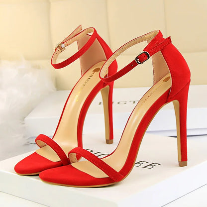 Women 10cm High Heels Flock Stripper Sandals Female Fetish Strappy Red Shoes Lady Valentine Green Summer Classic Sexy Pumps