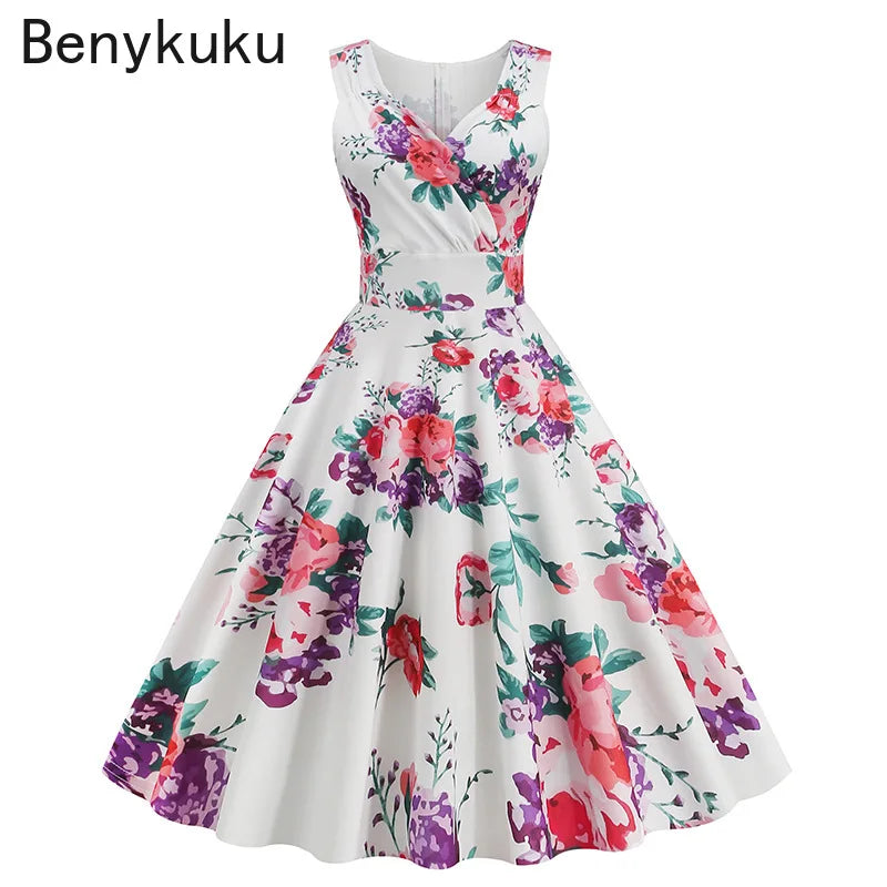 Floral Print 1950s 60s Vintage Women Dress Elegant Summer Robe Ladies Sleeveless V Neck A Line Swing Rockabilly Dresses 2025