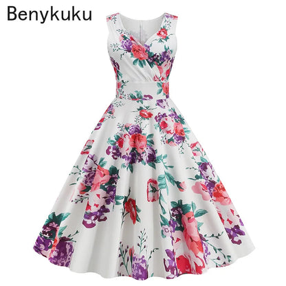 Floral Print 1950s 60s Vintage Women Dress Elegant Summer Robe Ladies Sleeveless V Neck A Line Swing Rockabilly Dresses 2025