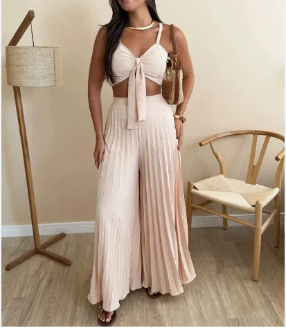 Fashion and Versatile Pleated Camisole Top and Loose Wide Leg Pants Set for Women's Summer Sexy Slim Fit Pants 2-Piece Set