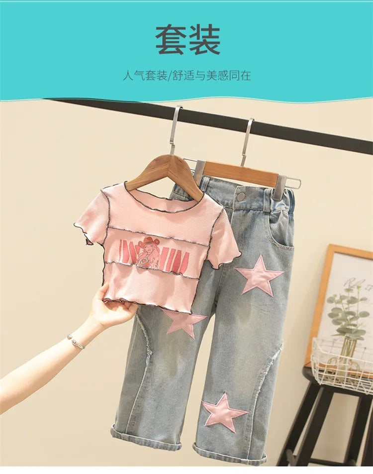 4-12 Years Teenger Girls Clothing Set Autumn Fashion Short Shirt + Letter Jeans 2Pcs Suit For Girl  Children Birthday Present