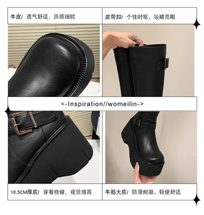 2024 Women's Shoes Basic Women's Boots Classics Knee-High Boots Women Belt Buckle Side Zip Round Toe Wedge Platform Shoes Ladies