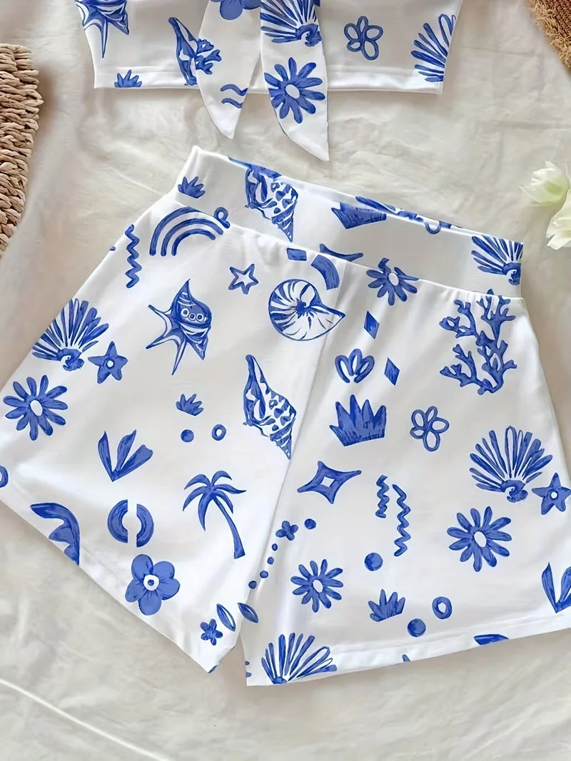 Women's summer casual beach vacation style twisted front top and shorts two-piece set