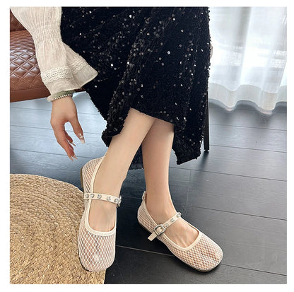 Mesh Breathable Flat Mary Jane Shoes Women Fashion Square Toe Soft Bottom Sandals Comfort Buckle Designer Ballet Shoe for Ladies