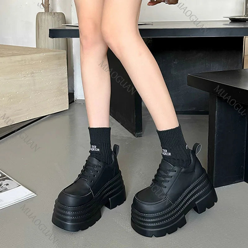 Women Platfrom Pumps Shoes Black Lace-up Leather Female British Style Spring Autumn New Heightening High Heels Mary Jane Loafers