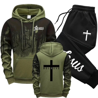 Jesus Christ Style Hoodies and Sweatpants Autumn Winter Daily Casual Sporty Jogging Suit Cross Tracksuit High Quality Men's Set