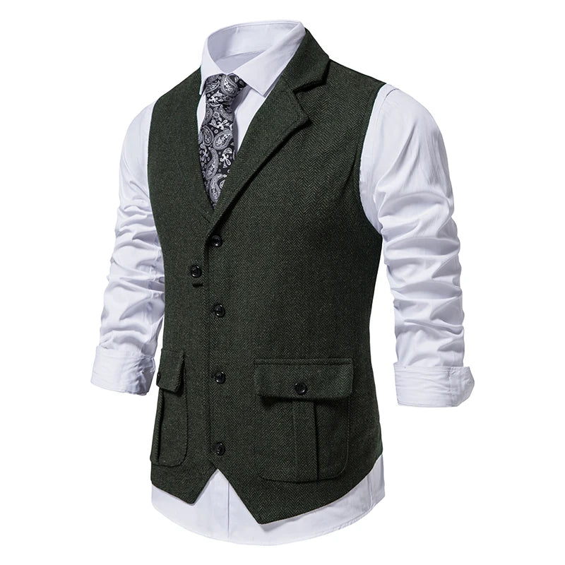 New Men's Retro Lapel Vest Herringbone Coarse Tweed Pockets Suit Vest British Casual Vintage Gentleman Leisure Party Bar Banquet