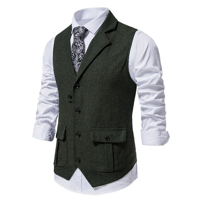 New Men's Retro Lapel Vest Herringbone Coarse Tweed Pockets Suit Vest British Casual Vintage Gentleman Leisure Party Bar Banquet