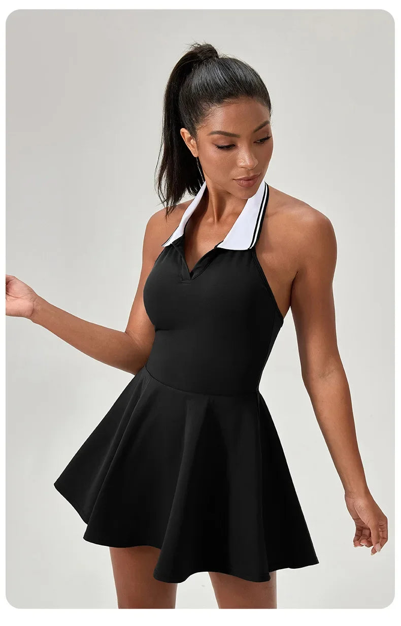 Summer Dress Vest Deep V Hanging Neck Sexy Dress for Women Contrasting Color Lapel Golf Skirt Outdoor Sports Gym Running