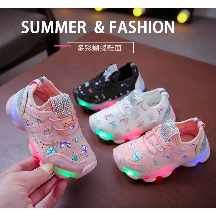 Kid Shoes Children's LED Shining Shoes 2023 Spring New Boys Sports Shoes Girls Elastic Fabric Sequins Casual Shoes Zapatillas