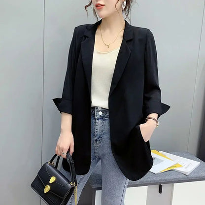 Women Blazer Jacket Cardigan Summer Suit Coat Three Quarter Sleeve Turn Down Collar Office Lady Open Stitch Outerwear 2025