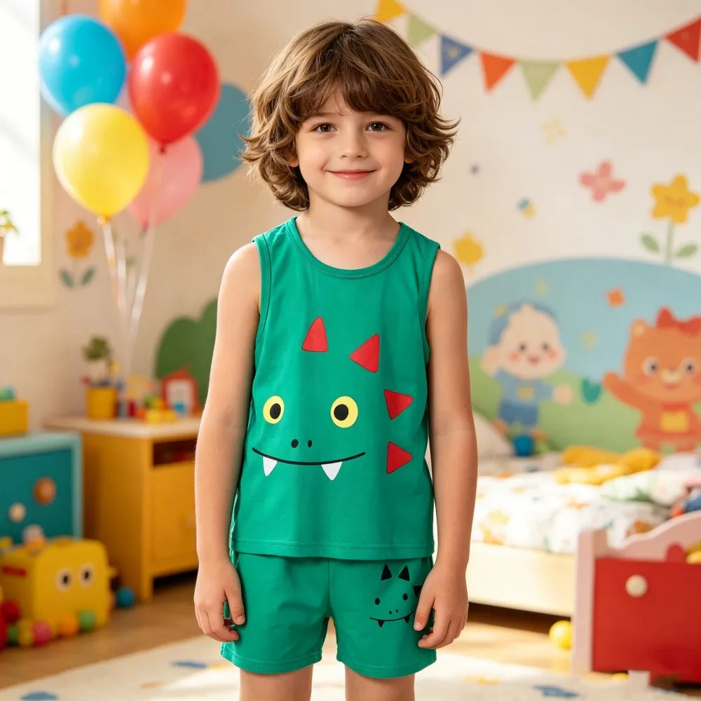 Summer Boys Clothing Sets Children's Sleeveless Cotton Clothes Kids Vest+Shorts 2pcs Boys Outfits Sportwear Cartoon Baby Sets