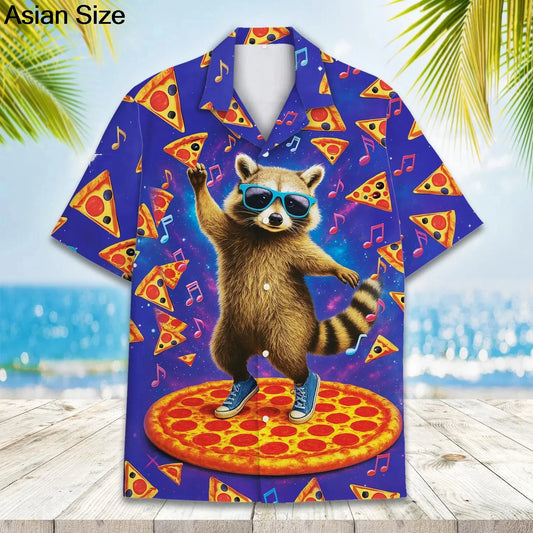 Funny Animal Pizza Hawaiian Shirts Men Women Youth  Music Raccoon Shirt Button Down Space Party Shirt 2025 Vacation Aloha Shirt