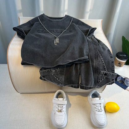 Hot Sale Fashion Baby Boy Suit Summer Clothes Short Sleeve T-shirt Short Jeans 2 Piece Set Kids Outfit 2-11Y Children's Costume