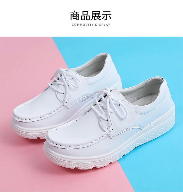 Platform White Shoes Women Casual Comfortable Light Nurse Work Shoes Fashion Slip on Non-slip Loafers Women Genuine Leather Shoe