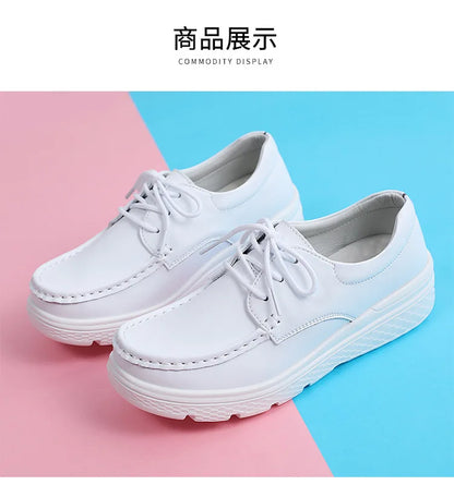 Platform White Shoes Women Casual Comfortable Light Nurse Work Shoes Fashion Slip on Non-slip Loafers Women Genuine Leather Shoe